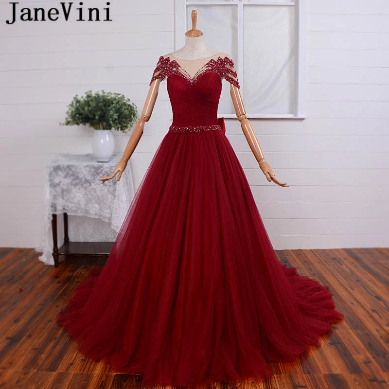 JaneVini/роскошное длинное бордовое вечернее платье с жемчугом и кристаллами из тюля