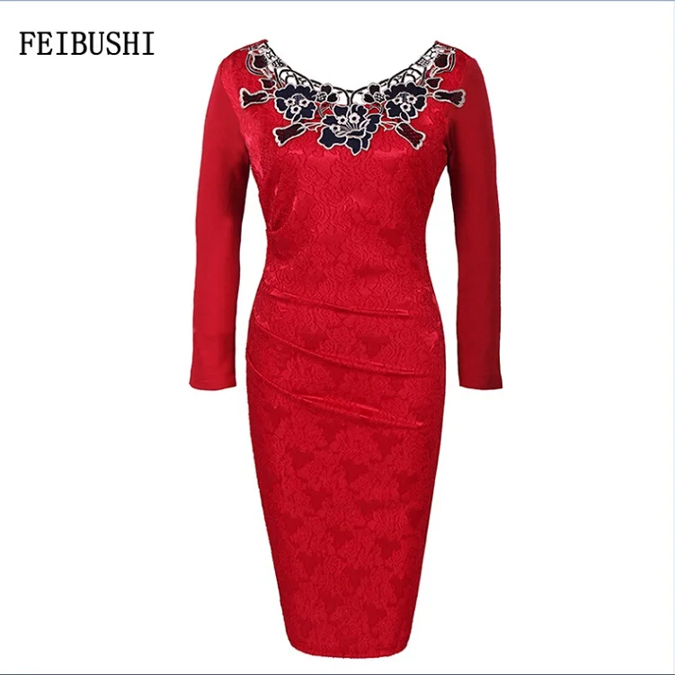 Rose Red long sleeve FEIBUSHI прозрачное открытое цветочное кружевное платье для женщин с длинным рукавом для работы в деловом стиле, облегающее Повседневное платье для вечеринок - Цвет: Rose Red long sleeve