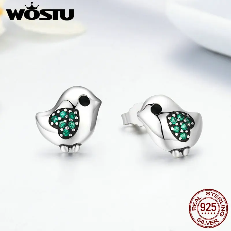 WOSTU Настоящее 925 пробы Серебряная любимая маленькая птичка с зеленый цирконий уникальные серьги-гвоздики для девочек подарок S925 ювелирные изделия CQE079