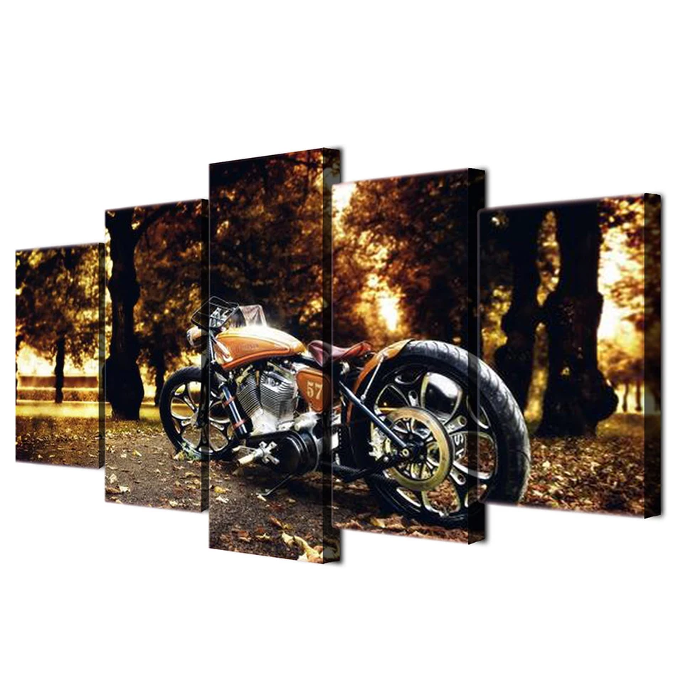 

5 piece wall canvas painting HD printed home room decoration race motorcycle forest fallen leaves art canvas painting