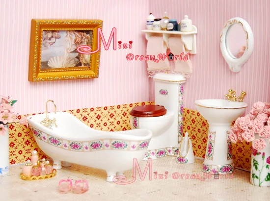 1/12 кукольный домик Миниатюрный розовый набор для ванной комнаты и туалета 5 шт |
