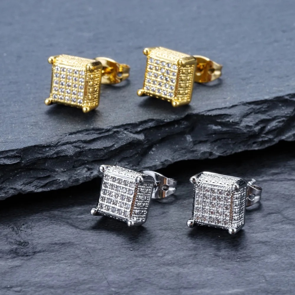 

New Copper Zircon-Encrusted Square Atmosphere Studs Earrings Hipster Men Women Hip Hop Fashion Jewelry Pave CZ Big Cube Shape