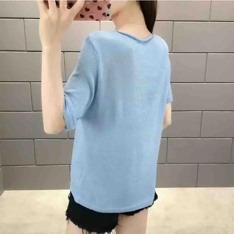 

Summer Ice silk Knitted T Shirt 2019 Women Loose Short Sleeves Pullover Thin Kint Tops Casual V-neck Breathable Female Tshirt