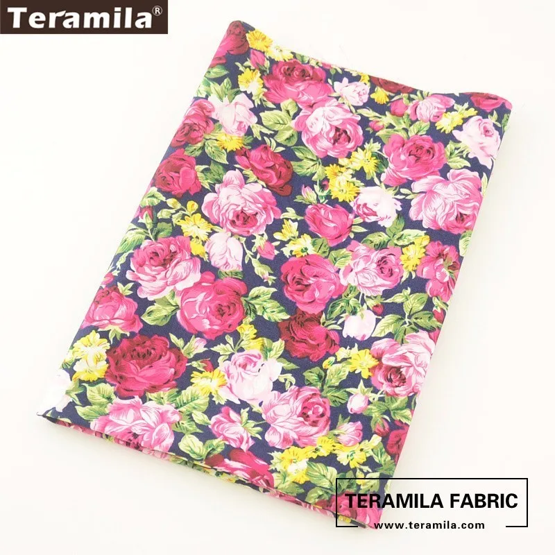 Teramila Cotton Poplin Fabric Printed Blooming Flower Style Dark Navy Cloth Shirt Handwork Fat Quarter Meter Textile Patchwork | Дом и сад