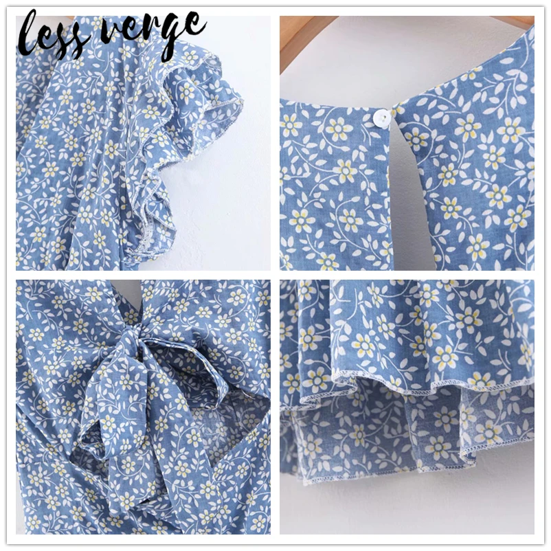 Lessverge, Синее Короткое платье с цветочным рисунком, повседневное, сексуальное, глубокий v-образный вырез, открытая спина, бант, хлопковое платье, плиссированное, летнее, Пляжное, мини-платье для женщин