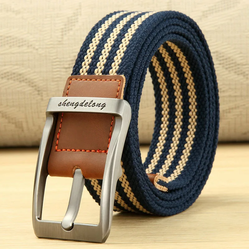 Blue gold stripes MEDYLA холщовый ремень Модный Полосатый однотонный металлический штыревой пряжкой унисекс рыболовный пояс спортивный пояс мягкие прочные Мужские аксессуары - Цвет: Blue gold stripes