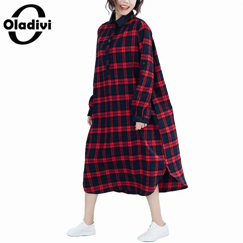 Oladivi/женская одежда больших размеров; коллекция года; сезон весна-осень; модная клетчатая одежда с длинными рукавами; Повседневный Свободный Топ; Женская рубашка блузка; Blusa Vestido