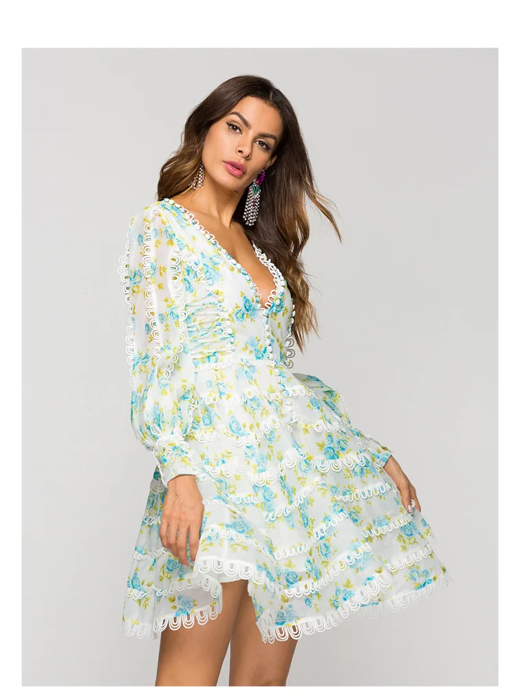 Женское кружевное платье с V образным вырезом и длинным рукавом|Женские платья| |