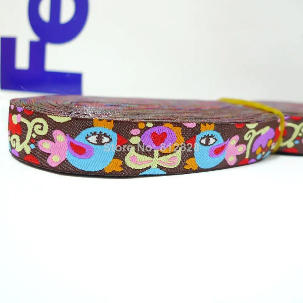 5/8 'ཌ мм Широкие птицы и цветы коричневый тон тканая жаккардовая лента для