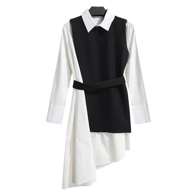

PERHAPS U Black White Two Pieces Set Shirt Dress Sash Office Lady Asymmetrical Elegant Turn Down Collar Autumn Mini Short D0157