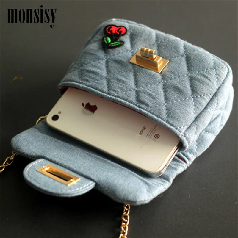Monsisy Denim Girl Handbag Kid Shoulder Bag Children Wallet Baby Coin Purse Kawaii Small Embroidery badge Diamond Lattice |
