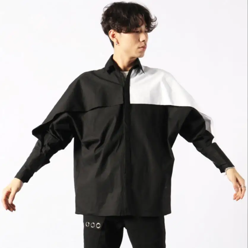 Men Long-sleeved Shirt Black And White Stitching Bat Sleeve Shirt New Korean Version Of The Tide Loose Bottoming Shirt S-6xl