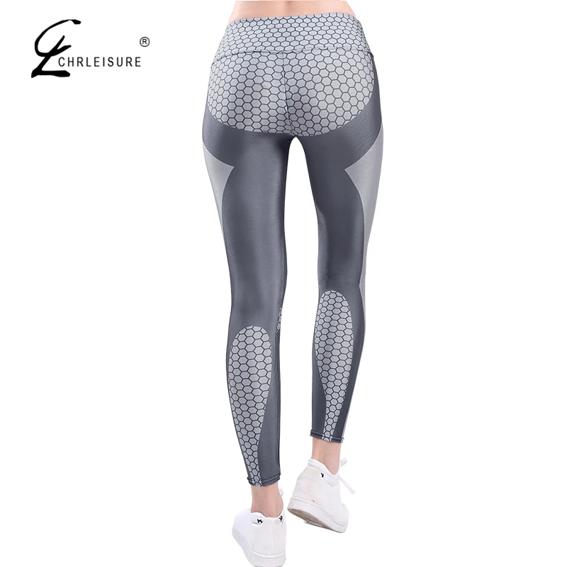 CHRLEISURE Women Workout Leggings Honeycomb Printed Leggins Push Up Sweatpants Gray Patchwork Slim Fit High Waist Pants | Женская одежда