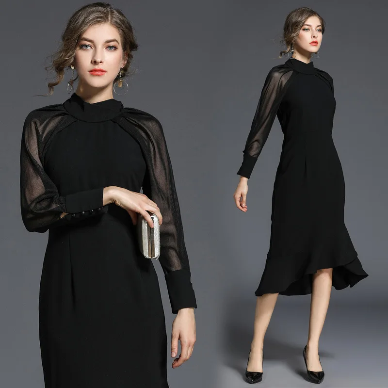 BLOOMHAWK 2018 весна новые продукты Мода темперамент длинные рукава хвост платье|dress