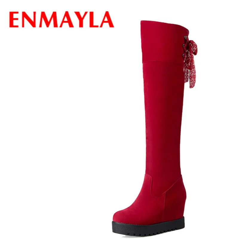 

ENMAYLA Lace Charms Winter Knee High Boots Women High Heels Slip-on Wedges Boots Platform Shoes Women Large Size 34-43 Black Red