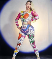cartoon printed stretch jumpsuit female singer show nightclub stage wear prom party outfit women birthday doodle leggings