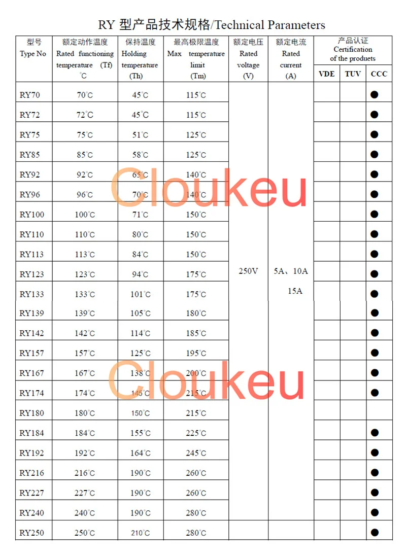 10 шт. RY/Tf металлический температурный предохранитель 10A/15A250V 60/65/70/72/73/75/77/80/84/85/90/92/93/94/95 /96/99/100/105/110/113/115C