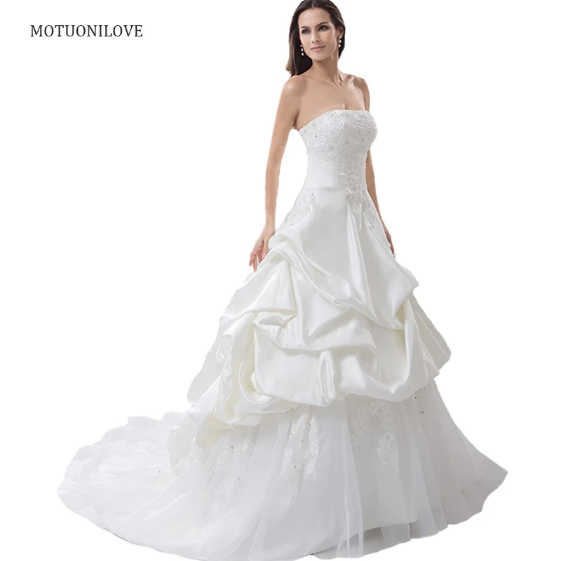 

Romantic Strapless Ruched Satin Princess Wedding Dresses 2019 Embroidery Plus Size Lace Wedding Gowns Bridal Gowns Custom Made
