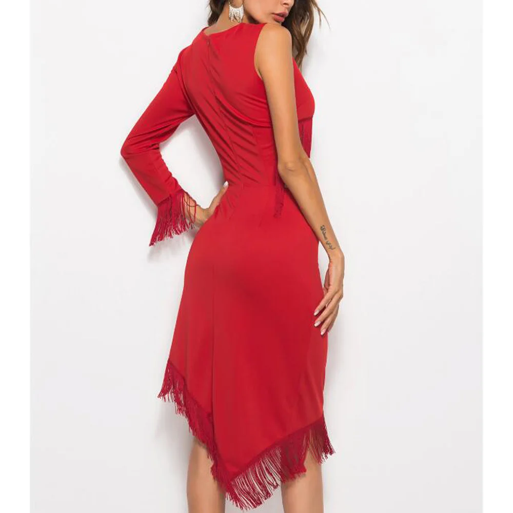 Spring Summer Red Tassel Dress Women Elegant One Shoulder Fringe Flapper Sexy Night Club Bodycon Party Dresses Vestidos | Женская одежда