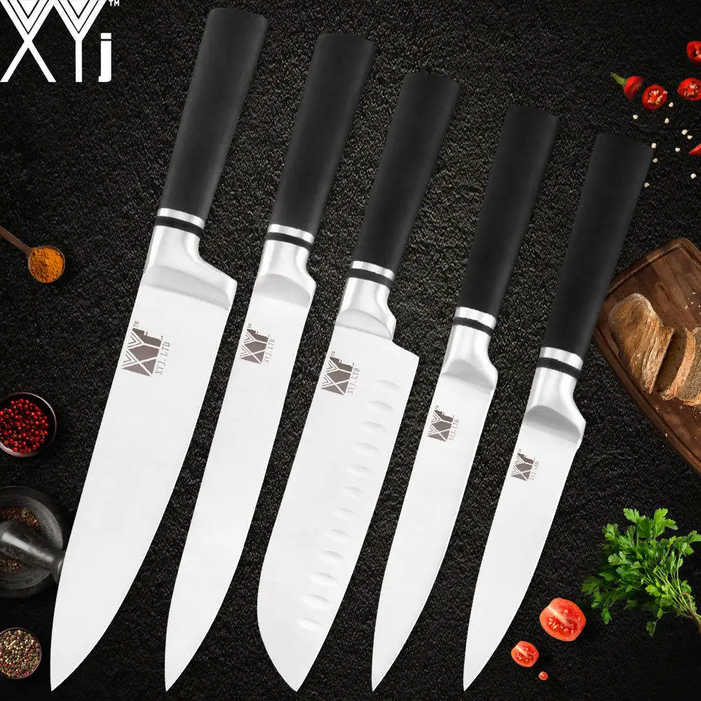 XYj, кухонный нож, аксессуары, острый, японский стиль, набор ножей из нержавеющей стали, черная ручка, " 8" " 7" " 3,5", кухонный нож - Цвет: 5 PCS Set