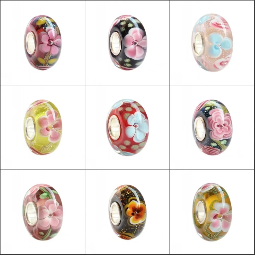 Бусины из серебра 925 пробы с большим отверстием разноцветные 3D цветы Шарм