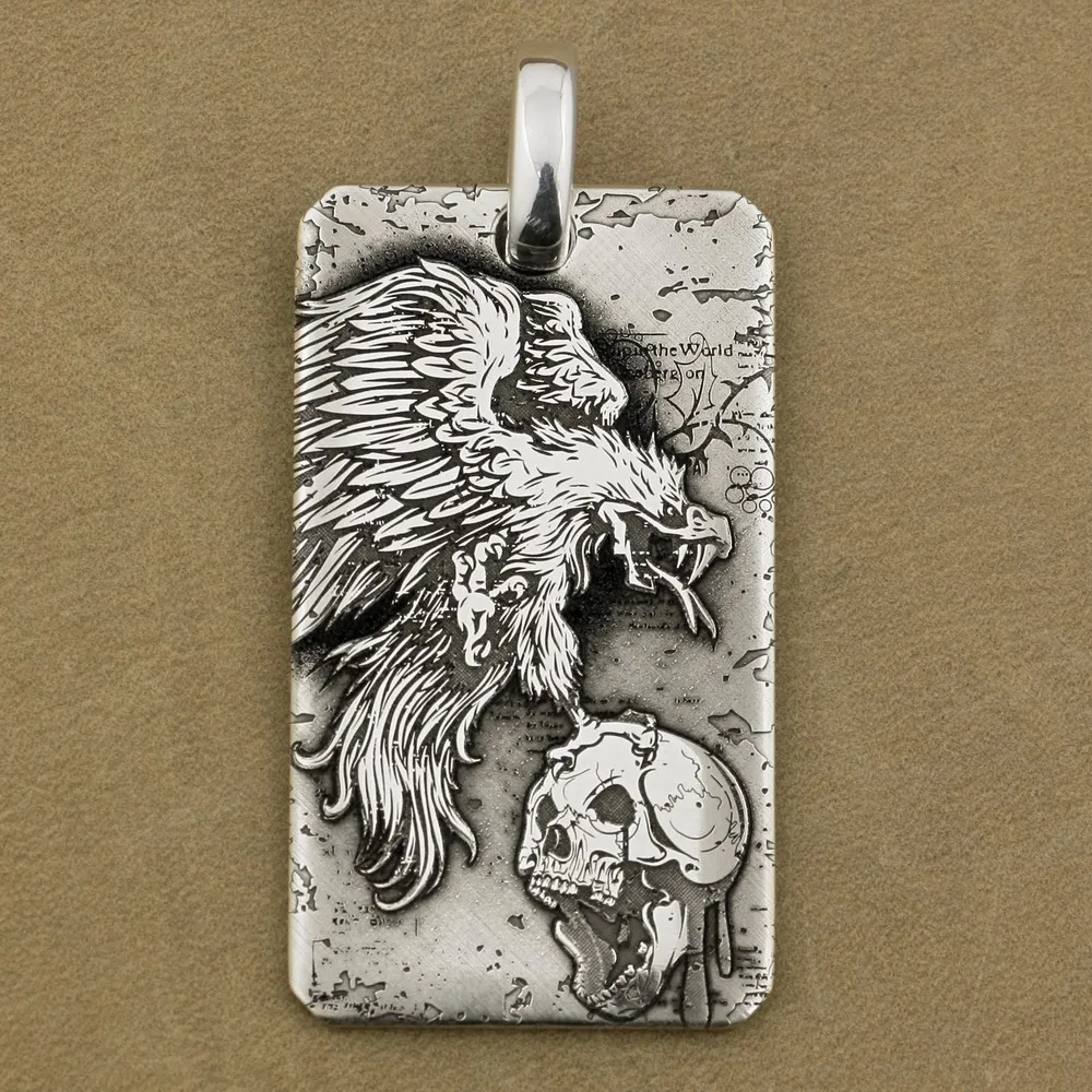 Linsion 999 серебро гриф череп dogtag мужские Байкер Панк подвеска 9x044