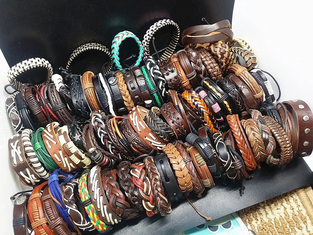 

Wholesale 50pcs vintage Leather bracelet cuff bangle men's women's unisex assorted mixed styles Genuine wristband Jewelry