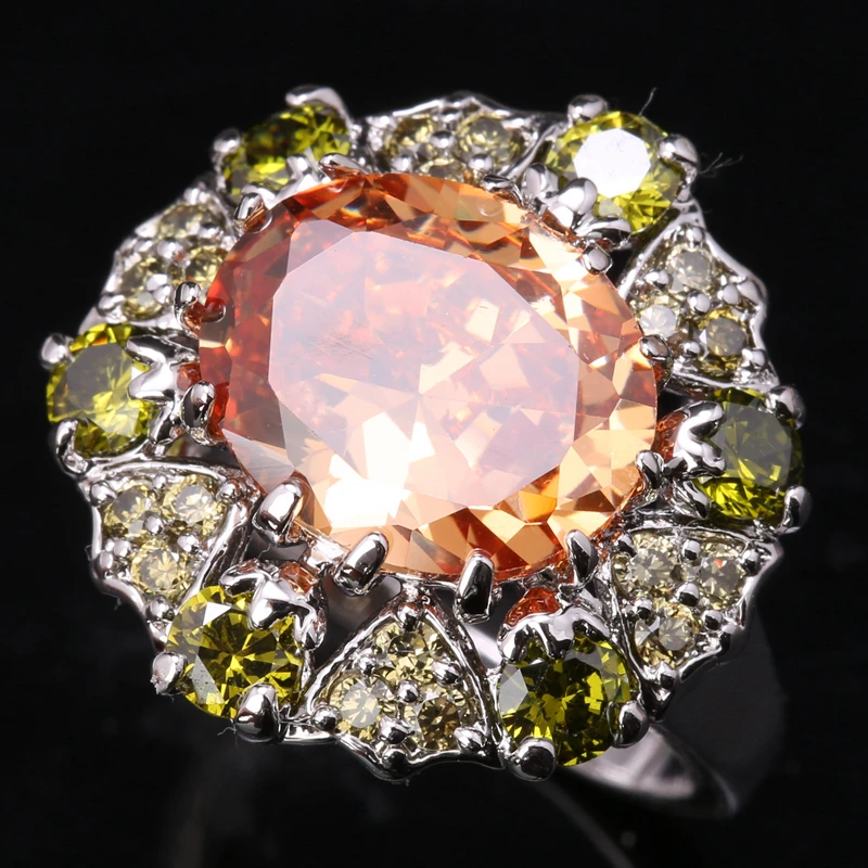 

Ручной работы Овальный Шампанское Morganite Перидот Кубического Циркония Камни наложения стерлингового серебра 925 Пасьянс Кольца Размеры 6 7 8 9 ...