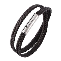 fashion brown leather bracelet men stainless steel clasp multilayer braid leather rope chain male wrist band vintage gift pw741
