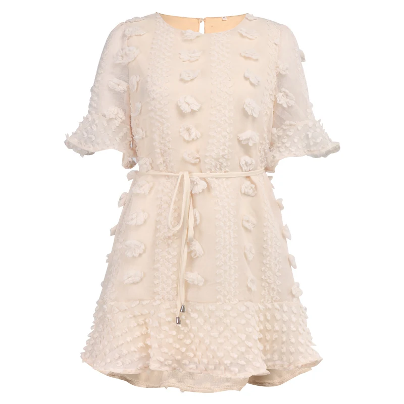 Ruffled Mini Dress Summer Women's Round Neck Short Sleeve Embossed Holiday Beach | Женская одежда