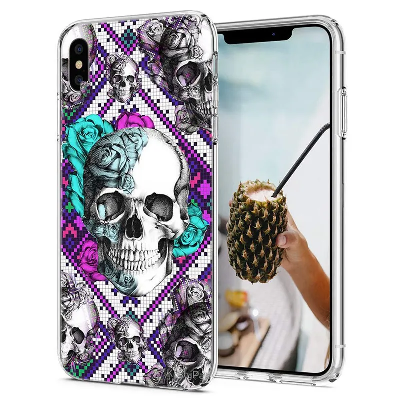 For iPhone 7 8 Plus Soft TPU Cover Design skull unique Cartoon flower X XS XR Max Phone Back Fundas E153 |