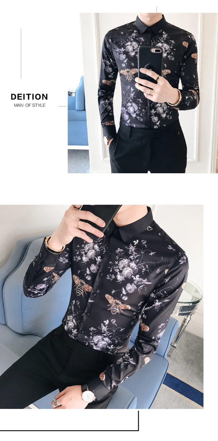 6XL, 19 цветов, модная повседневная приталенная Мужская рубашка с длинным рукавом и принтом из бутика/Высококачественная Мужская Клубная рубашка на выпускной