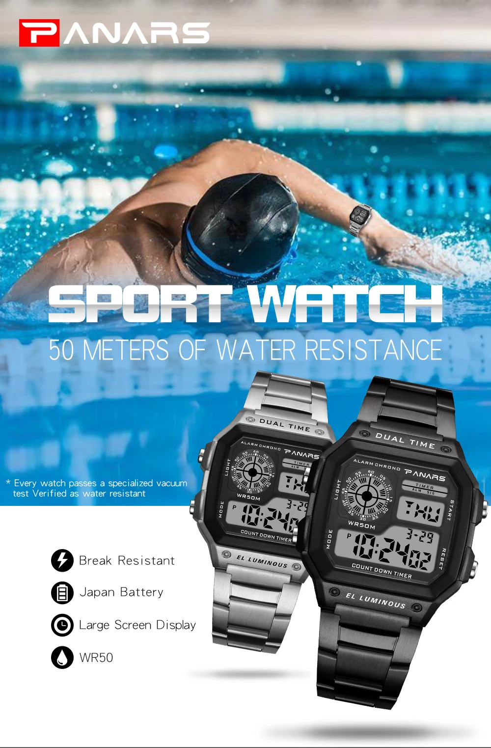 PANARS Бизнес Мужские часы водонепроницаемые повседневные часы из нержавеющей стали цифровые наручные часы Relogio Masculino Erkek Kol Saati