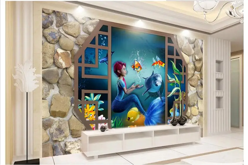 3D обои на заказ Мультяшные настенные фрески с рисунком русалки стерео для