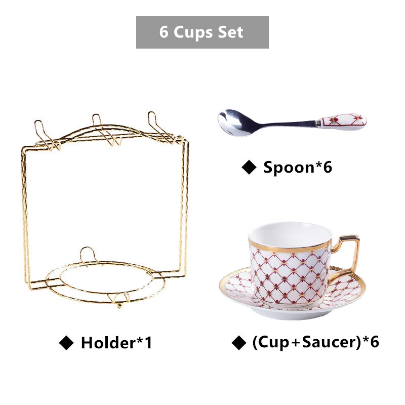 6Cups n Holder Red Элегантный кофейный сервиз из костяного фарфора, золотой фарфоровый чайный сервиз, роскошный чайник, чашка, современная керамическая кружка, сахарница, сливочник, чайный горшок, молочный кувшин - Цвет: 6Cups n Holder Red