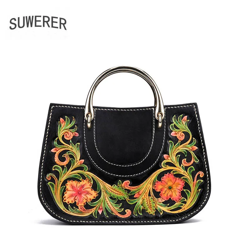 

SUWERER 2020 New Women Genuine Leather bags Handmade Carved luxury fashion real cowhide women bags designer women famous brands