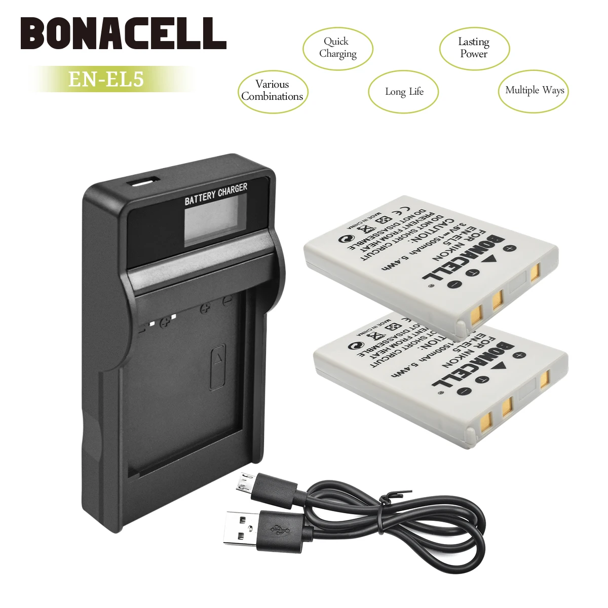 2X Battery Charger Bonacell 1500 мА/ч, EN-EL5 цифровой Камера Батарея+ ЖК-дисплей Зарядное устройство для цифровой камеры Nikon Coolpix P4 P80 P90 P100 P500 P510 P520 P530 P5000 P5100 L50 - Цвет: 2X Battery Charger