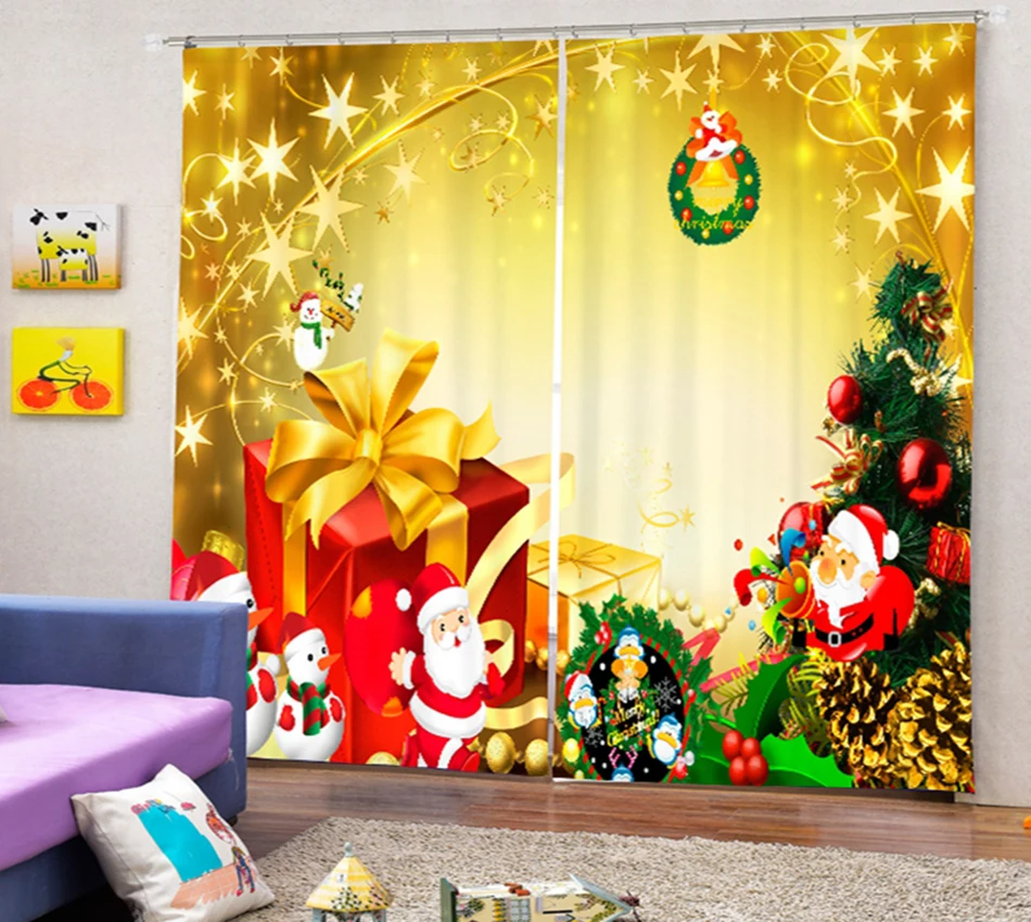 Праздничная занавеска Рождественская мультяшная Снежная сцена елка шары