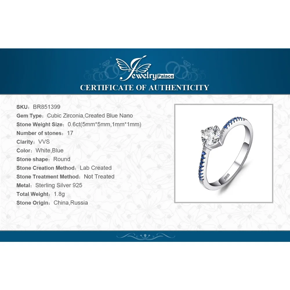 JewelryPalace Круглый 0.7ct Цирконий Создал Синий Nano Сапфир Годовщина Обещание