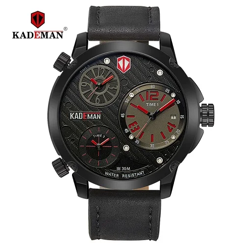 Red KADEMAN модные мужские часы с большим циферблатом, кварцевые роскошные повседневные наручные часы с несколькими часовыми поясами, водонепроницаемые мужские часы 6100 - Цвет: Red