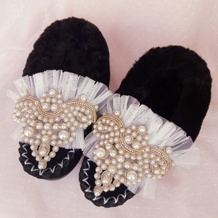 Winter fashion custom plus velvet warm cotton boots ladies sweet princess pink rhinestone pearl hair one shoes. | Обувь