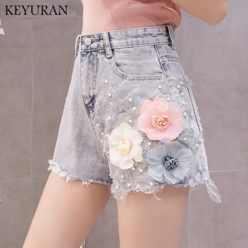 Embroidery Flowers Beading Pearls Hole Denim Shorts For Women 2019 Summer New Trendy Slim Casual Womens High Waist Hot | Женская одежда