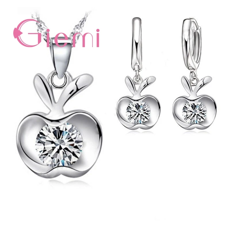 Free Shipping Exquisite Cute Apple Shape Earrings Necklace For Women Gift Jewellery Set 925 Sterling Silver and CZ | Украшения и