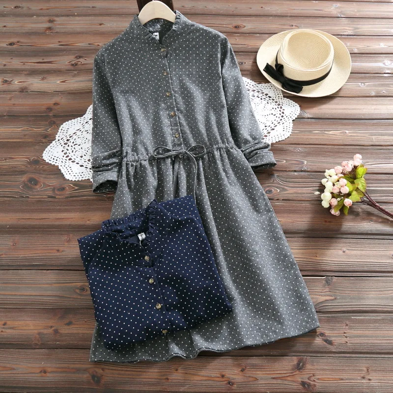 Preppy Style Autumn Women Cute Dress Gray Blue Green Polka Dot Mujer Vestidos Vintage Elegant Kawaii Cotton Dresses PV257 | Женская
