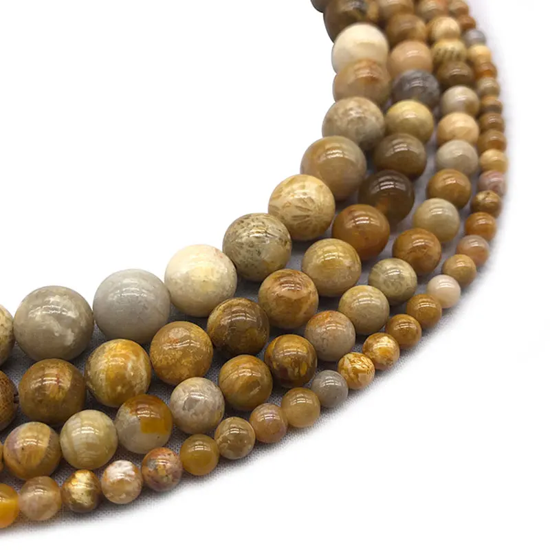 4-12mm Round Light Yellow Fossils Coral Jaspers Beads Natural Stone For Jewelry Making 15'' Needlework DIY | Украшения и