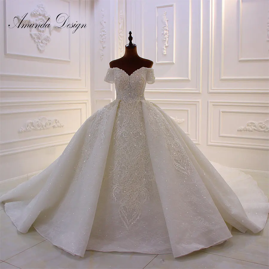 Аманда дизайн vestido de novia desmontable Лодка шеи короткий рукав стразы роскошное свадебное платье