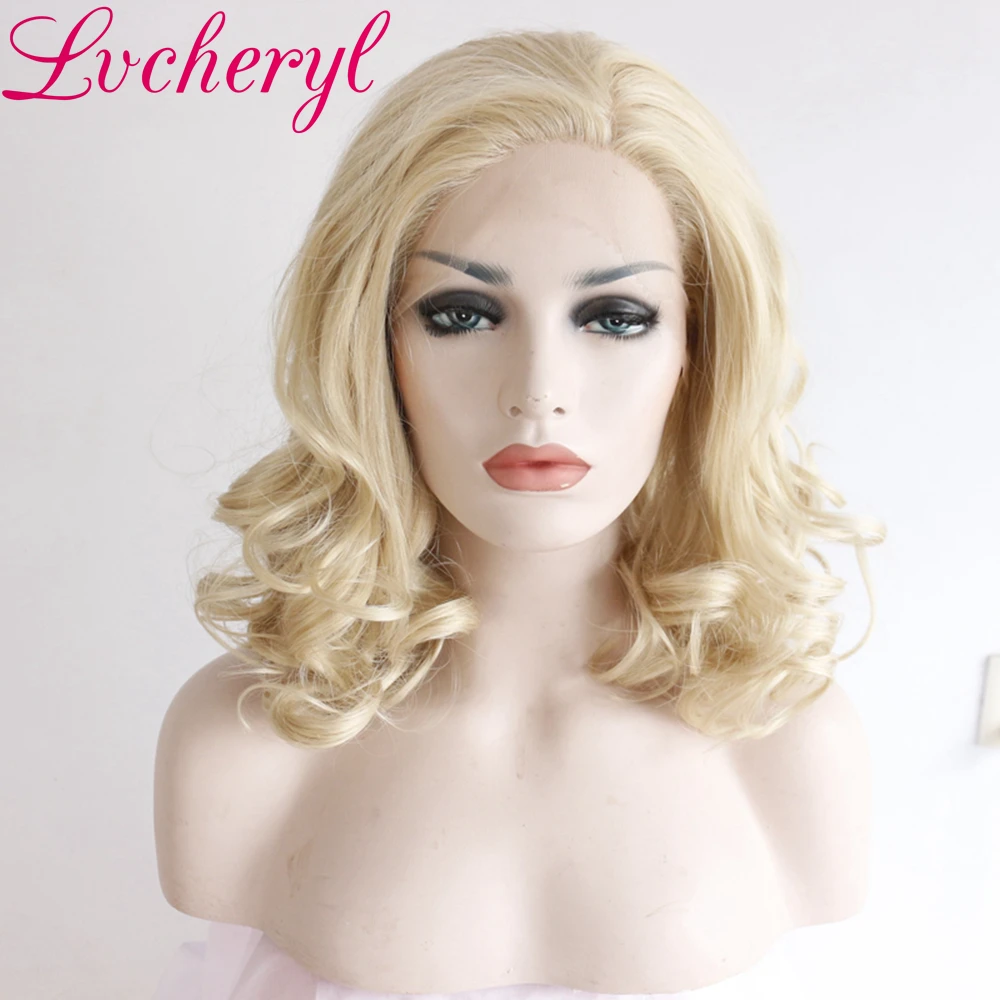 Lvcheryl высокая плотность короткие светлые натуральные волнистые ручная вязка бесклеевые термостойкие волосы синтетические парики на кружеве