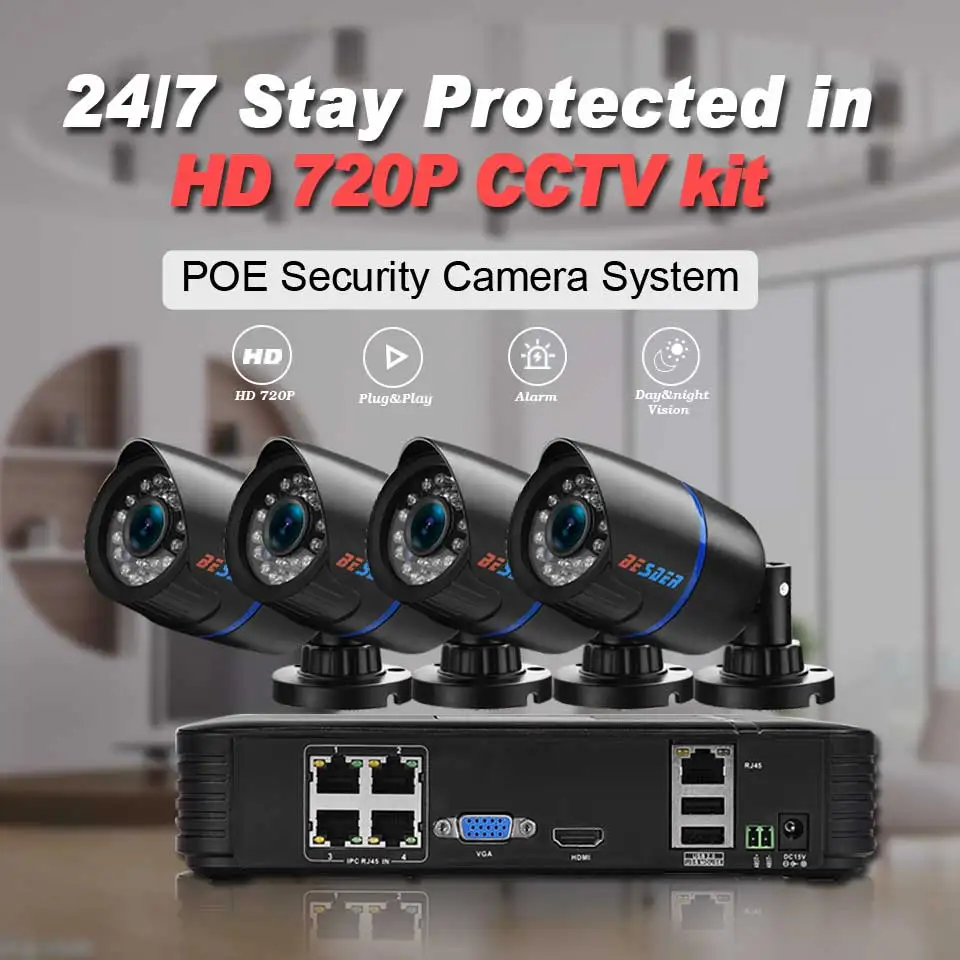 Besder 720P PoE Комплект видеонаблюдения 1.0MP Водонепроницаемый на открытом воздухе/Крытый PoE IP CCTV безопасности Системы 4CH POE 15V сетевому видеорегистраторУ 2/4 шт. IP Камера PoE P2P RTSP