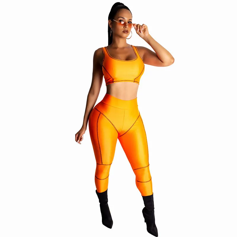 Неоновый зеленый оранжевый комплект из двух предметов для фитнеса женский
