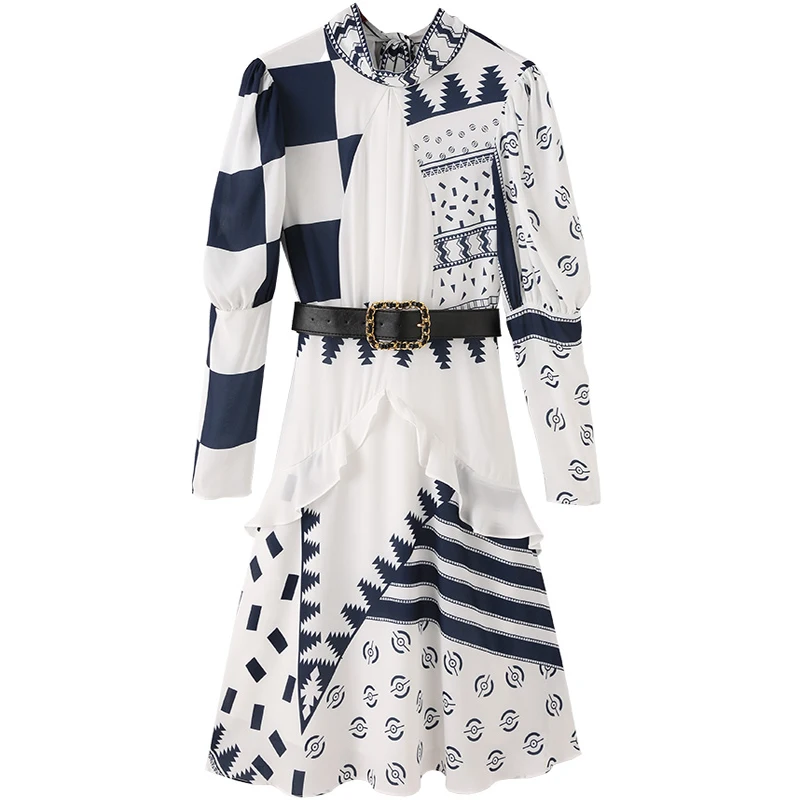 Женское платье в стиле пэчворк с поясом элегантное принтом вечернее воротником